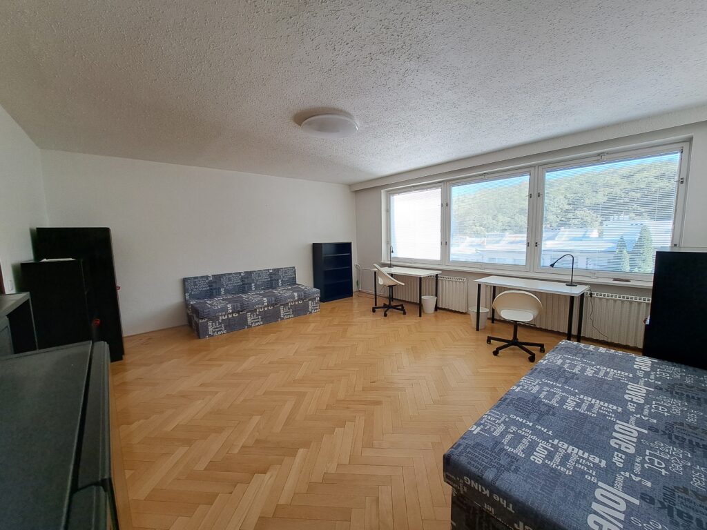 Accommodation for students in Brno on Myslivní. Large room for 2 has a view of the surrounding forest.